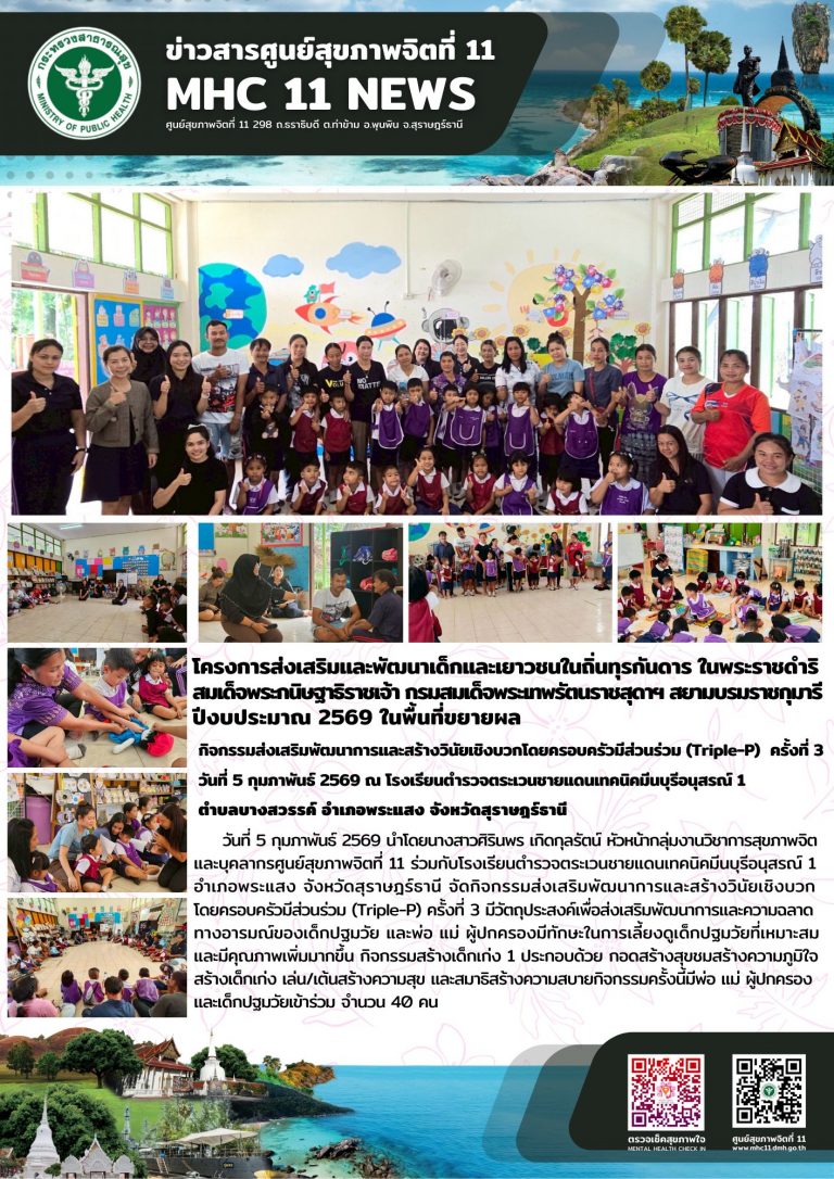 ครงการส่งเสริมและพัฒนาเด็กและเยาวชนในถิ่นทุรกันดาร ในพระราชดำริ สมเด็จพระกนิษฐาธิราชเจ้า กรมสมเด็จพระเทพรัตนราชสุดาฯ สยามบรมราชกุมารี ปีงบประมาณ 2569 ในพื้นที่ขยายผล  กิจกรรมส่งเสริมพัฒนาการและสร้างวินัยเชิงบวกโดยครอบครัวมีส่วนร่วม (Triple-P) ครั้งที่ 3 วันที่ 5 กุมภาพันธ์ 2569 ณ โรงเรียนตำรวจตระเวนชายแดนเทคนิคมีนบุรีอนุสรณ์ 1 ตำบลบางสวรรค์ อำเภอพระแสง จังหวัดสุราษฎร์ธานี